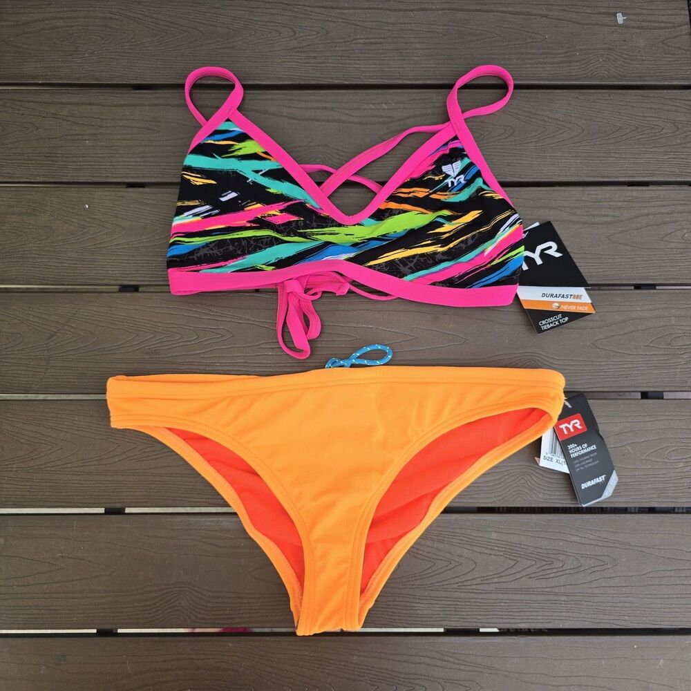 TYR Womens Ravana Crosscutfit Tie Orange/multi Workout Bikini Sz XL New